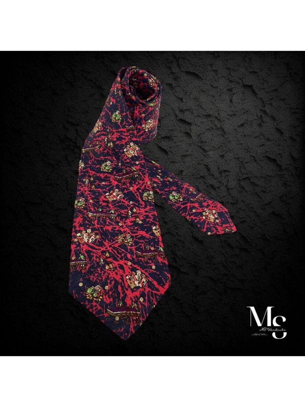 BRIONI Red Blue Art Print With Chees & Pool Luxury Silk Tie Italy W:3.75" EX CD